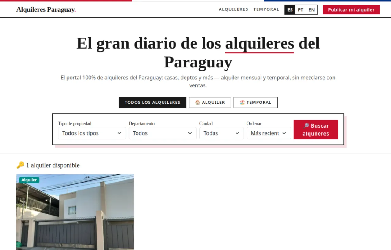 Captura de la portada de Canal de Alquileres en Paraguay
